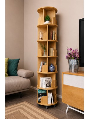 Nifi Art 360° Mdflam 6 Raflı Dekoratif Döner Kitaplık - Atlantik Çam- 196X45 Dekoratif Düzenleyici ve Organizer