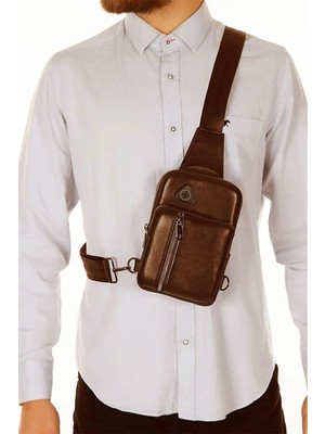 Newish Polo Body Bag Kulaklık Çıkışlı Çapraz Göğüs ve Sırt Çantası Hakiki Deri - Kahverengi