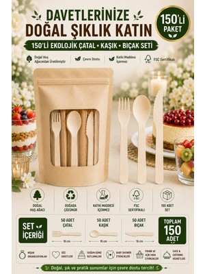 Open City 150'LI Ekolojik Tahta Çatal Kaşık Bıçak Seti 16 cm Kullan At Davet Parti Organizasyon Seti