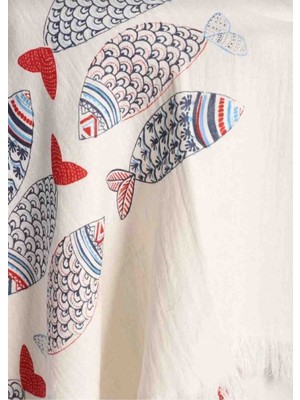 Dolce Mariee %100 Pamuk Müslin Plaj Havlusu Peştemal - Balık Desenli 100X190 cm Krem
