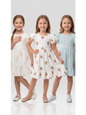 New Kids 3 Lü Set Kız Çocuk Elbise 3 Adet Yeni Sezon Yazlık