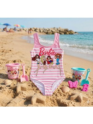 Cg Kids Barbie Baskılı Kız Çocuk Pembe Çizgili Mayo