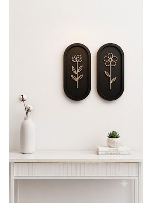 Numa Concept Salon Ofis Ve Antre İçin Minimalist Çizgisel Çiçek Temalı 2'li Lüks Duvar Dekoru (Mdf & Aynalı Pleksi)
