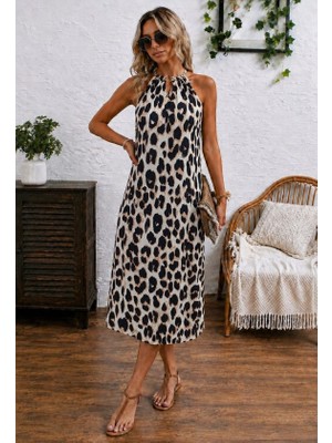 Veraura Lifestyle Kadın Omuzlardan Açık Yakada Halka Detaylı Leopar Desenli Midi Süprem Elbise