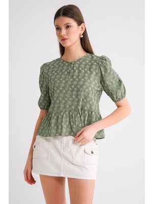 Mixray 4688 Kadın Balon Kol Çiçek Desenli Peplum Bluz Haki