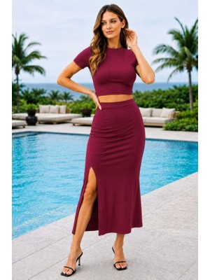 Veraura Lifestyle Kadın Kısa Kollu Yuvarlak Yakalı Sandy Krop Bluz ve Yırtmaçlı Midi Sandy Ikili Takım
