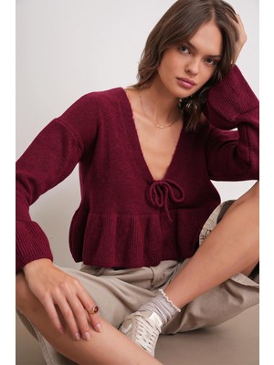 Mixray 6955 Kadın Fırfırlı Triko Kazak Bordo