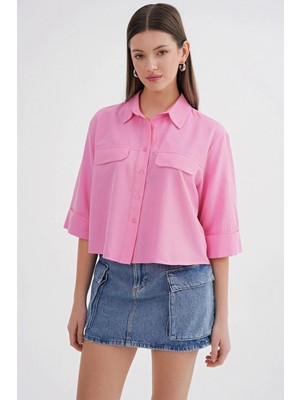 Mixray 4660 Kadın Kısa Kol Crop Gömlek Pembe
