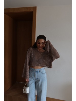 Özge Özgenç Pullu Merserize Crop Bluz