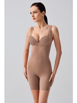 Cotonhause Kadın Lazer Kesim Askılı Göğsü Açık Cappuccino Paçalı Korse C0T3N2963