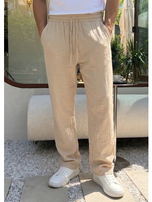 Livio Ferri Balve %100 Pamuk Baggy Müslin Kumaş Erkek Pantolon Bağcıklı Lastikli Bel Yazlık Pantolon