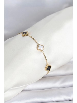 Eco Lounge 316L Çelik Gold Renk Siyah Beyaz Baby Yonca Model Kadın Bileklik