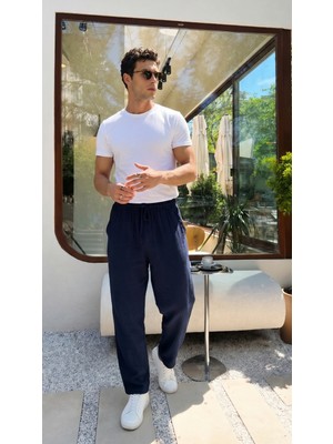 Livio Ferri Balve %100 Pamuk Baggy Müslin Kumaş Erkek Pantolon Bağcıklı Lastikli Bel Yazlık Pantolon