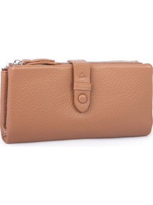 Nas Bag Çok Kartlıklı Çift Fermuarlı Çıtçıtlı Çok Gözlü Cüzdan Taba