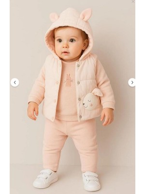 Rapapa Bebek 3’lü Şardonlu Kulaklı Kapüşonlu Takım – Sweatshirt, Pantolon ve Yelek Seti 10703-