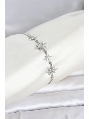 Butik Gümüş Renk Pirinç Zirkon Taşlı Kutup Yıldızı Model Asansörlü Kadın Bileklik