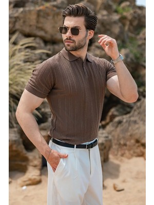 Madmext Açık Kahverengi Çizgili Polo Yaka Triko Erkek Tişört E7504