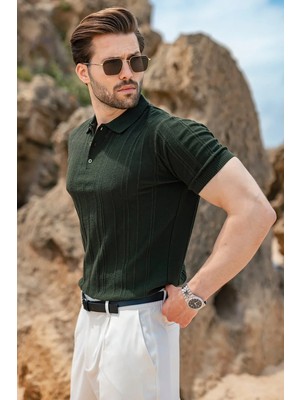 Madmext Haki Çizgili Polo Yaka Triko Erkek Tişört E7504