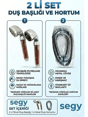 Segy Home 2'li Set 6 Fonksiyonlu Lüks Masajlı Filtreli Duş Başlığı +Paslanmaz Sprial Hortumlu Duş Seti