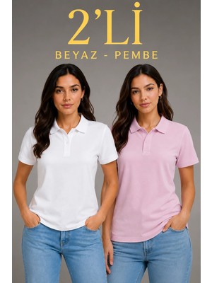 Beruflic 2'li Kadın Polo Yaka Pike Kumaş Düğmeli Basic Tişört Günlük Rahat Kesim - Beyaz, Pembe