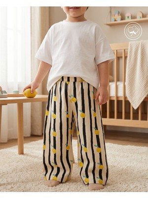 Limon Desenli Çift Kat Müslin Oversize Çocuk Pantolonu | 0-5 Yaş Unisex