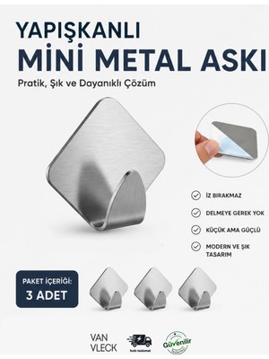 Van Vleck 3'lü Yapışkanlı Mini Metal Askı – Delmeden Duvar ve Kapı Arkası Çok Amaçlı Askılık Seti