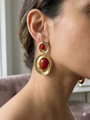 Lavante Butik Çelik Küpe Vintage Model Bordo Taşlı Sallantılı Çelik Küpe