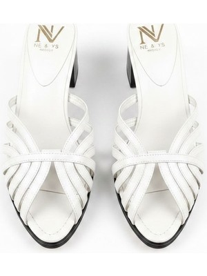 Ne&Ve Shoes Beyaz Deri Biye Kadın Kalın Topuklu Terlik