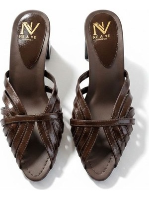 Ne&Ve Shoes Kahve Deri Biye Kadın Kalın Topuklu Terlik