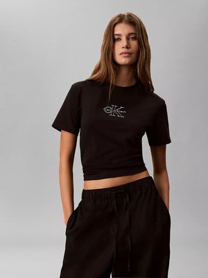 Calvin Klein Kadın Normal Kesim Pamuklu Yuvarlak Yakalı Ck Logo Baskılı Kısa Kollu Siyah T-Shirt LV047G831G-UB1