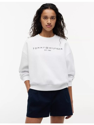 Tommy Hilfiger Kadın Regular Fit Pamuklu Bisiklet Yaka Uzun Kollu Beyaz Sweatshirt WW0WW47831-YCF