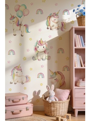 Msticker Unicorn Duvar Sticker Seti 72 Parça – Gökkuşağı, Balonlu Unicorn ve Yıldızlar – Kız Çocuk ve Bebek