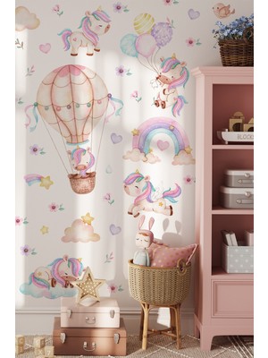 Msticker Unicorn Duvar Sticker Seti 125 Parça – Balonlu Gökkuşağı ve Uçan Unicorn Çocuk Odası Duvar Süsü