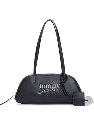 Tommy Hilfiger Kadın Metalik Logo Imzalı Uzun Askılı Fermuarlı Iç Cepli Siyah Omuz Çantası AW0AW18787-BDS