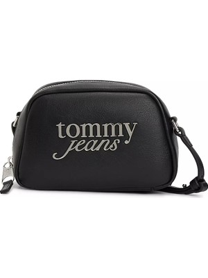 Tommy Hilfiger Kadın Metalik Logo Kabartmalı Uzun Askılı Fermuarlı Siyah Omuz Çantası AW0AW18785-BDS