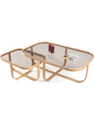Vivense Tual Ikili Set Orta Sehpa, Meşe Bronz Cam