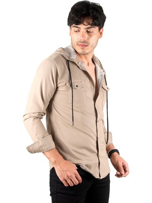 Rizzup Bej Kapüşonlu Likralı Kot Gömlek – Slim Fit Çıt Çıt Kapamalı Erkek Gömlek 2300396
