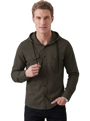 Rizzup Haki Kapüşonlu Likralı Kot Gömlek – Slim Fit Çıt Çıt Kapamalı Erkek Gömlek 2300396