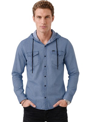 Rizzup Koyu Mavi Kapüşonlu Likralı Kot Gömlek – Slim Fit Çıt Çıt Kapamalı Erkek Gömlek 2300396