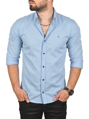 DeepSEA Buz Mavisi Slim Fit Likralı Çıtçıt Kapama Pamuklu Erkek Gömlek – Modern Dar Kesim 2300413