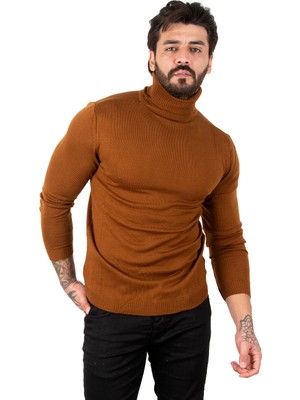 Rizzup Erkek Kahve Slim Fit Balıkçı Yaka Düz Kazak Boğazlı Yaka Triko 2002292