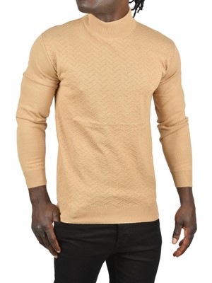 Rizzup Erkek Camel Zigzag Desenli Yarım Balıkçı Yaka Dar Kesim Boğazlı Triko Kazak 2505496