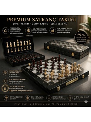 Elifeshop Kişiye Özel Isim Yazılabilir Lüks Mermer Desen Ahşap Manyetik Satranç Seti 29 cm Premium Oyun Takımı