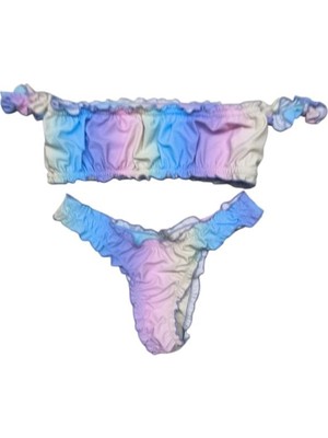 AGM Pastel Tonlarda (Mavi, Mor ve Pembe) Batik (Tie-Dye) Desenli Fırfır Detaylı Bikini Takım. Bikini