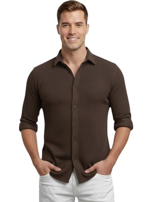 Deepsea Kahve Slim Fit Örme Kumaş Likralı Erkek Gömlek – Nefes Alan Esnek ve Modern Tasarım 2602604
