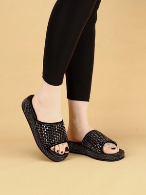 Layki Laykly Taş Detaylı Parlak Yazlık Model  Platform Kadın Platin Terlik