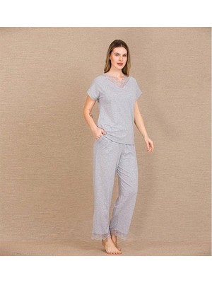 Amora Secret  Viskon Şık Tasarım Dantel Işlemeli Gri Kısa Kol Pijama Takımı