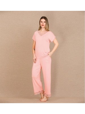 Amora Secret  Viskon Şık Tasarım Dantel Işlemeli Açık Pembe Kısa Kol Pijama Takımı