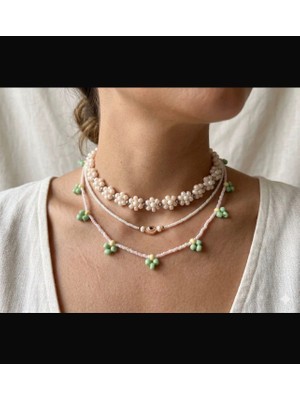 My Balli Store Yazlık Bohem Boncuk Kolye Kombini (Üçlü Set) - Pembe ve Yeşil Tonları