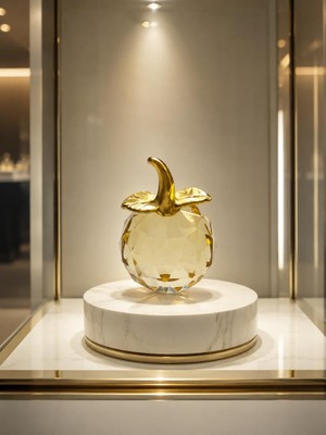Mini Sarı Kristal Elma Biblo 7.5 cm Dekoratif Cam Obje Gold Yapraklı Şık Masa Üstü Süsü